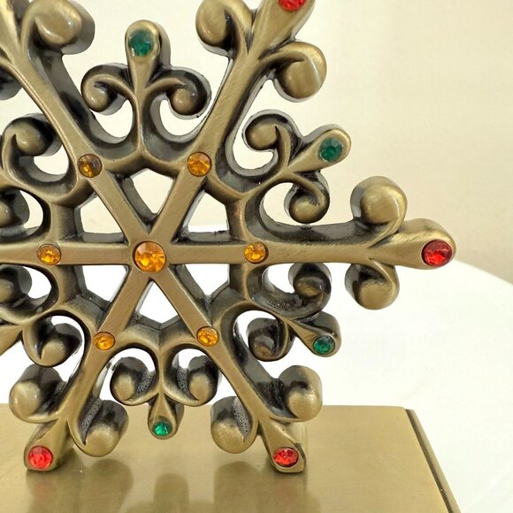 Reindeer Snowflake Metal Stocking Holder Set Christmas Mantel Hooks Gold Tone - Picture 7 of 16